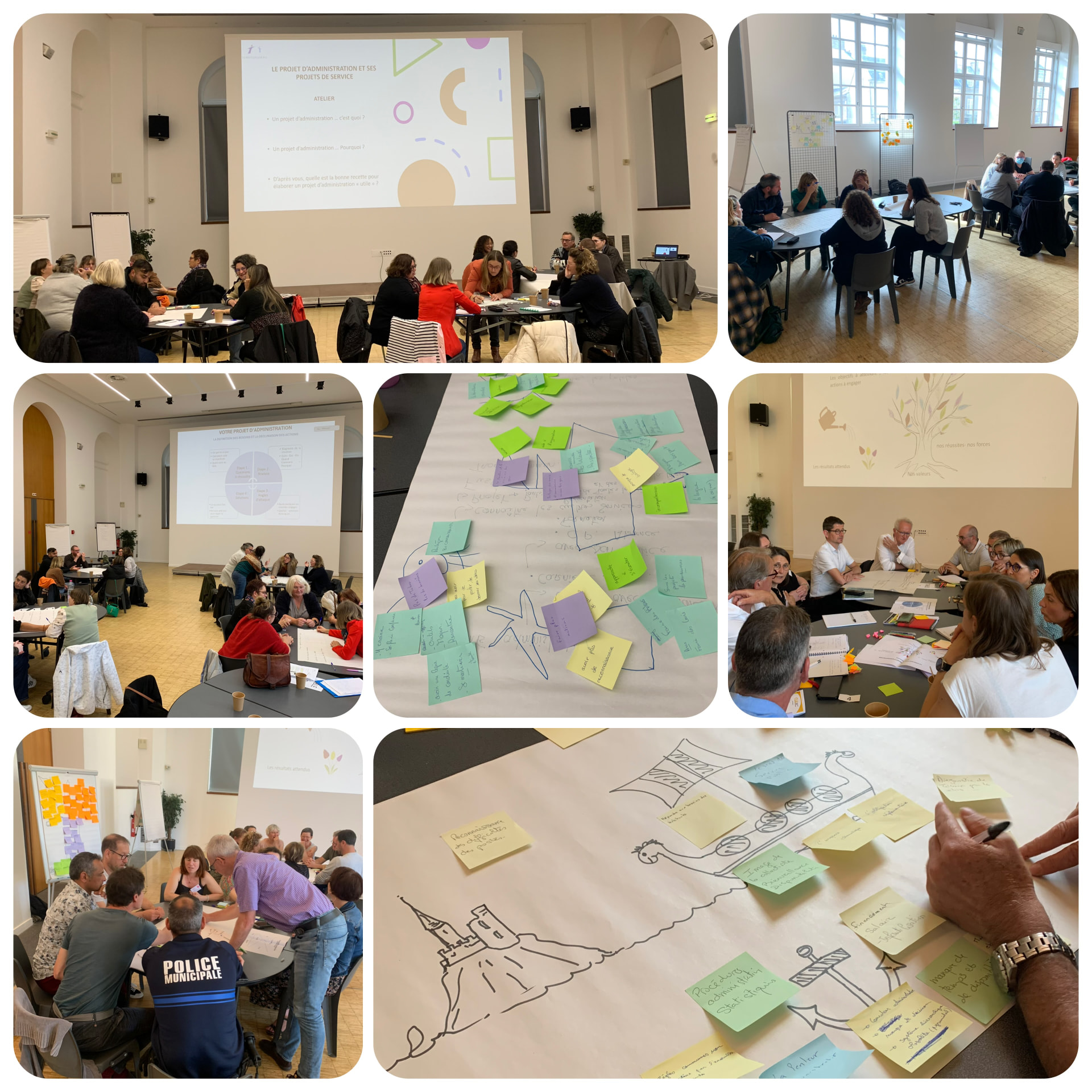 Atelier participatif avec des agents autour de post-it et d'une freshe de travail